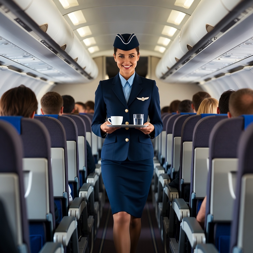 Flight Attendant Serving Drinks Airplane Flight Attendant Serving Drinks Airplane
