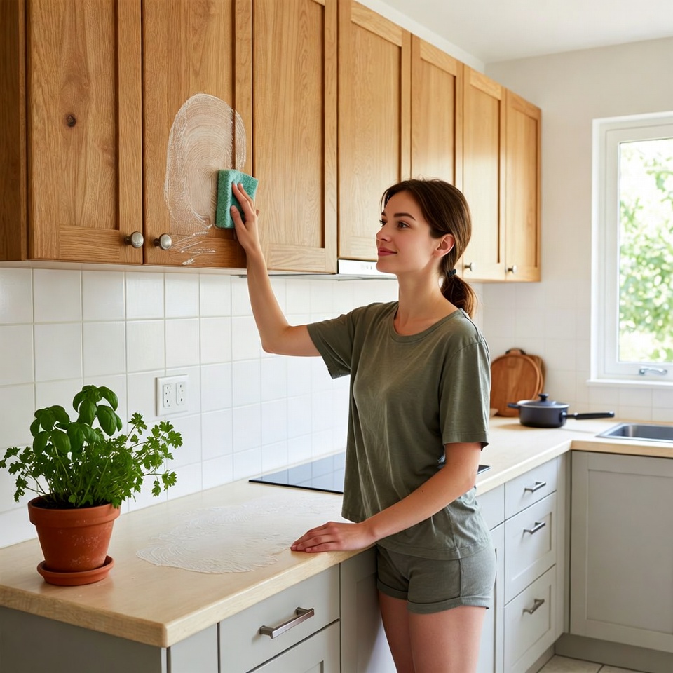 Woman cleaning kitchen cabinets Woman cleaning kitchen cabinets