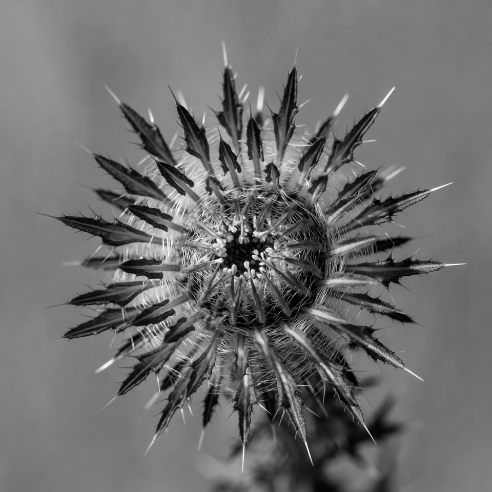 Thistle flower close-up in black and white Thistle flower close-up in black and white