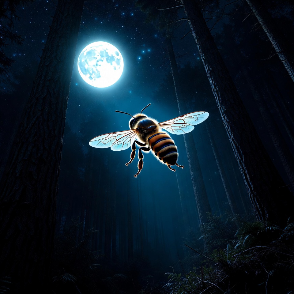 Bee Flying Under Moonlit Pine Forest Bee Flying Under Moonlit Pine Forest