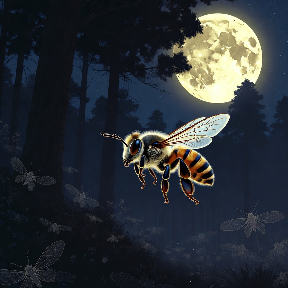 Bee Flying Near Moon in Forest Bee Flying Near Moon in Forest