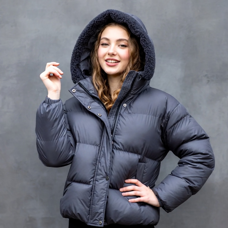 Smiling girl in hooded puffer jacket Smiling girl in hooded puffer jacket