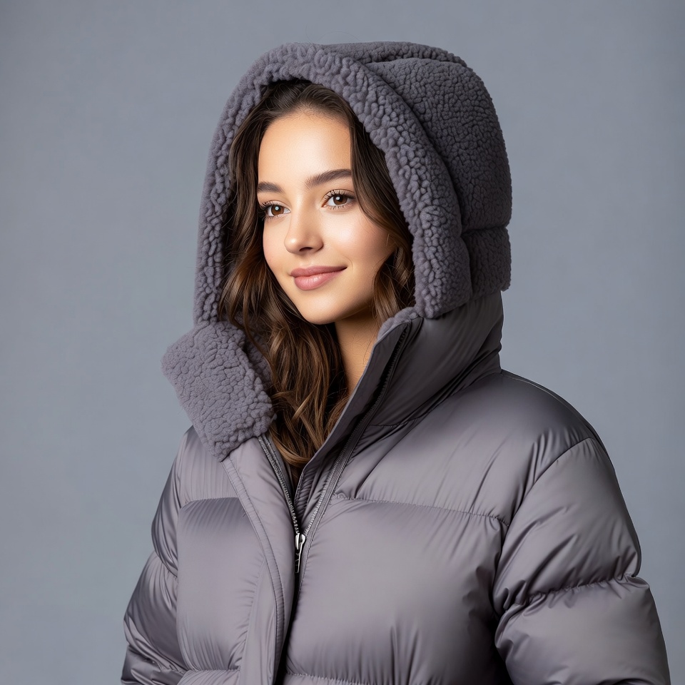 Woman in gray hooded puffer jacket Woman in gray hooded puffer jacket