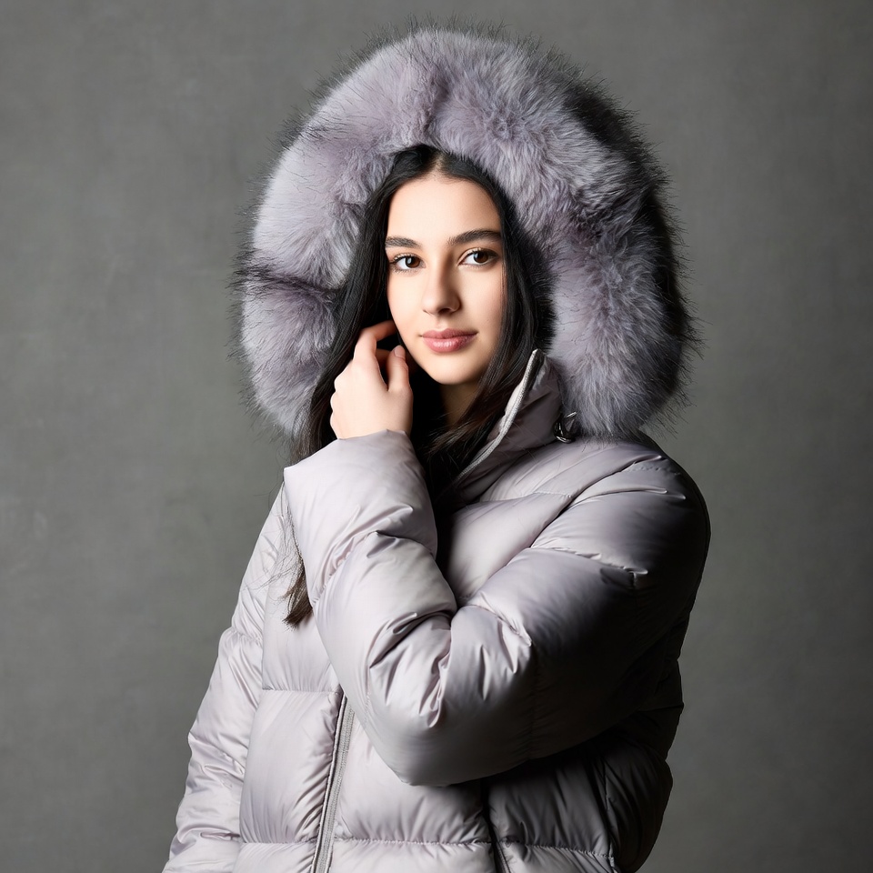 Woman in gray fur hood jacket Woman in gray fur hood jacket