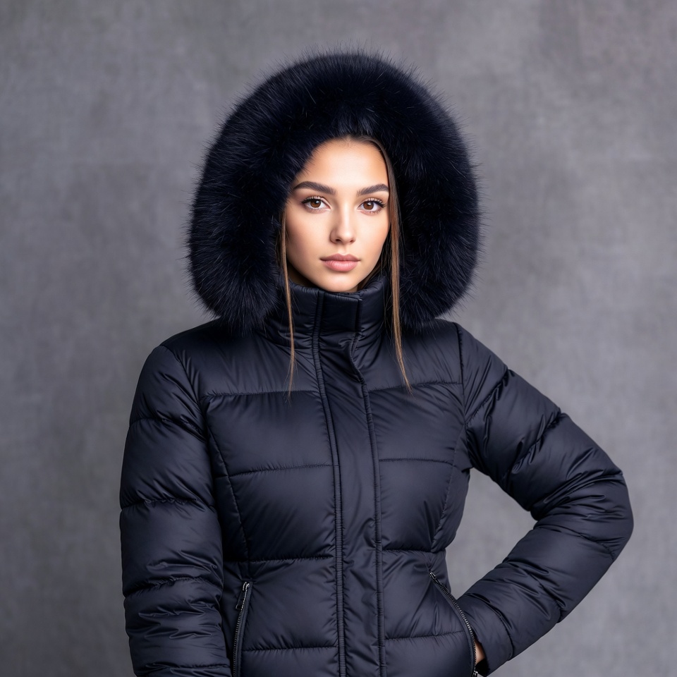 Woman in black fur hood jacket Woman in black fur hood jacket