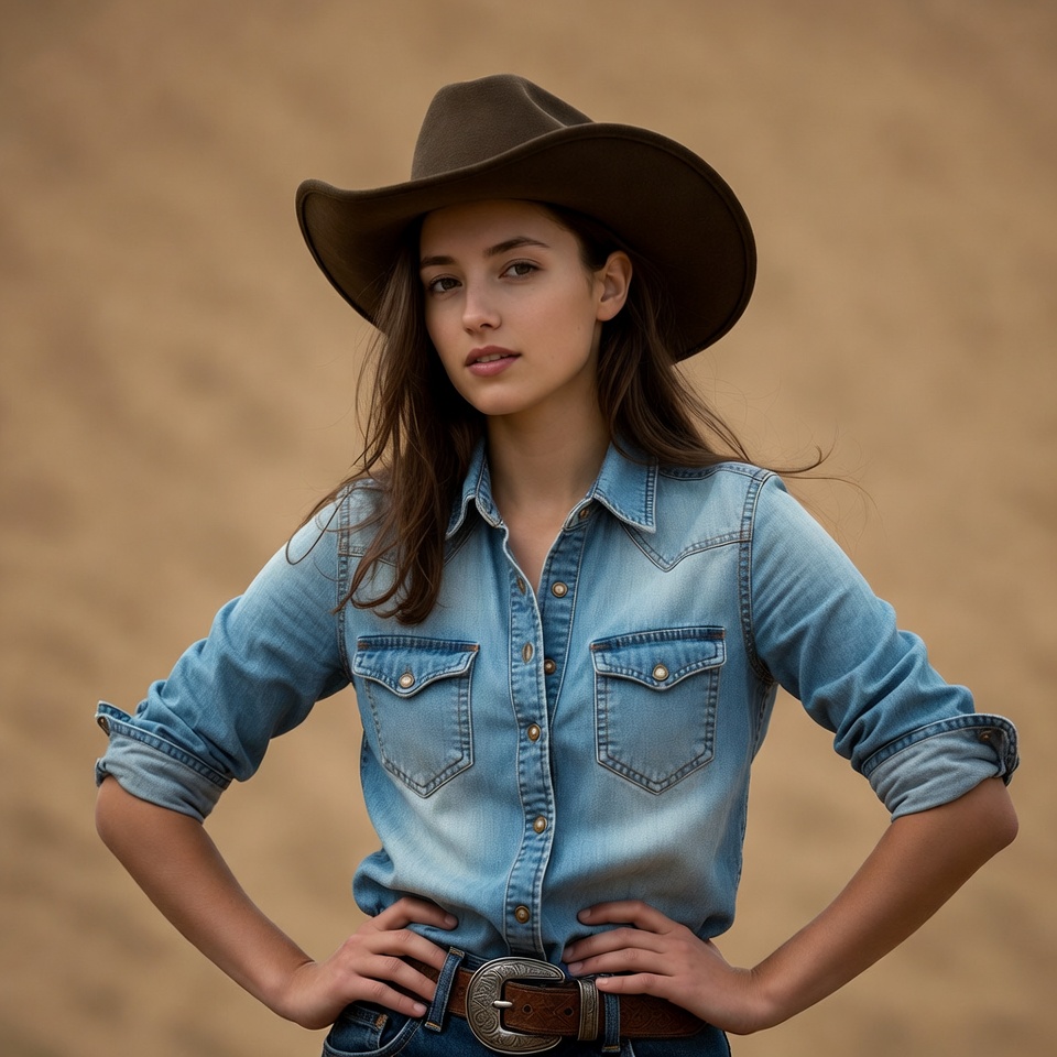 Woman in cowboy hat and denim shirt Woman in cowboy hat and denim shirt