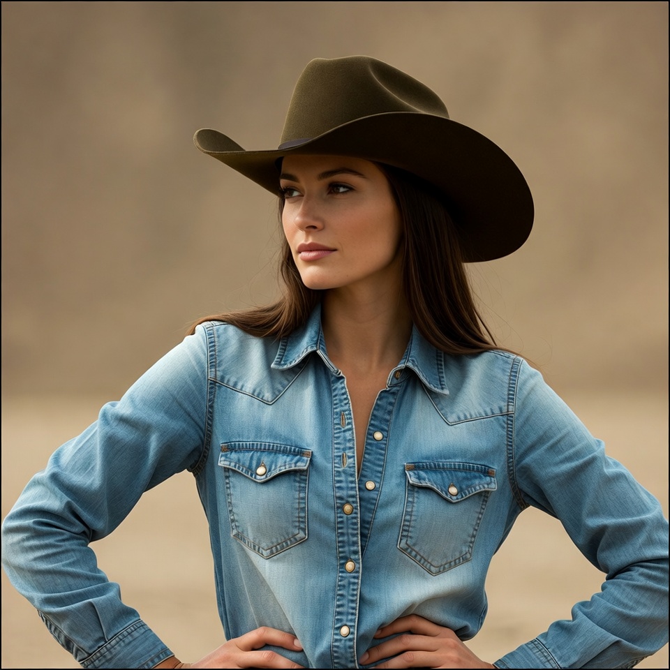 Woman in cowboy hat and denim shirt Woman in cowboy hat and denim shirt