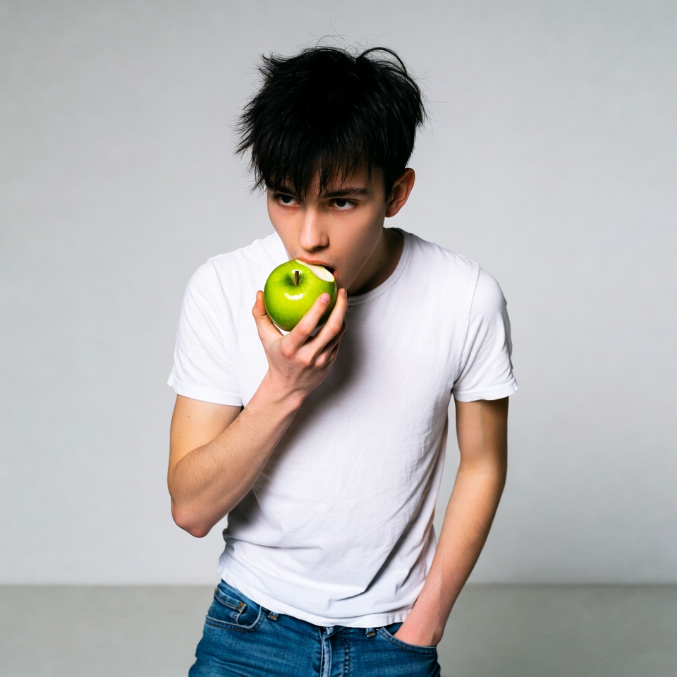 Asian young man biting green apple Asian young man biting green apple