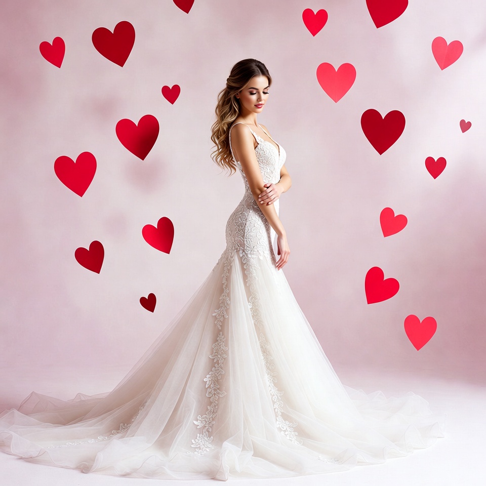 Woman in white lace gown with hearts Woman in white lace gown with hearts