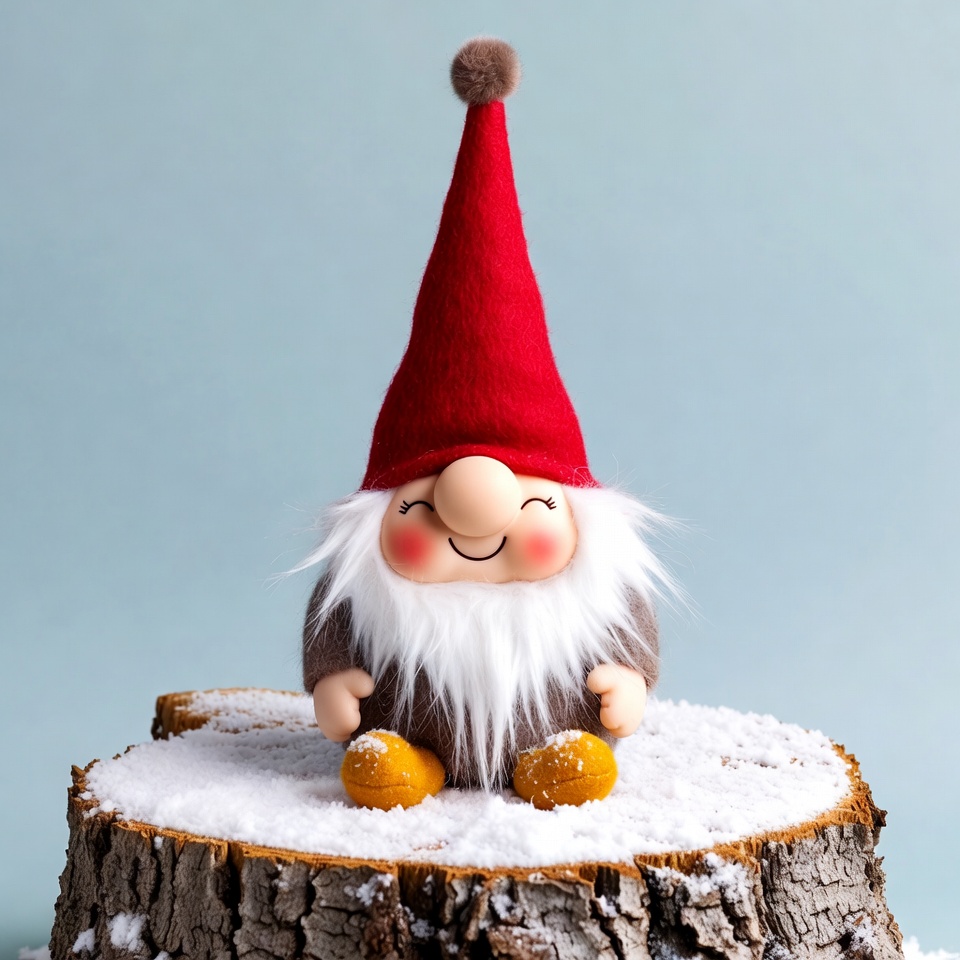 Smiling Gnome on Snowy Stump Smiling Gnome on Snowy Stump