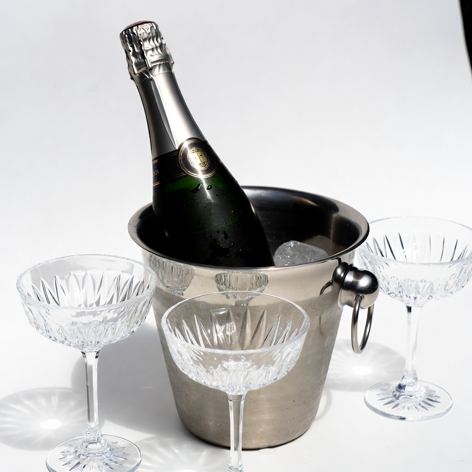 Champagne Bottle in Ice Bucket with Glasses Champagne Bottle in Ice Bucket with Glasses