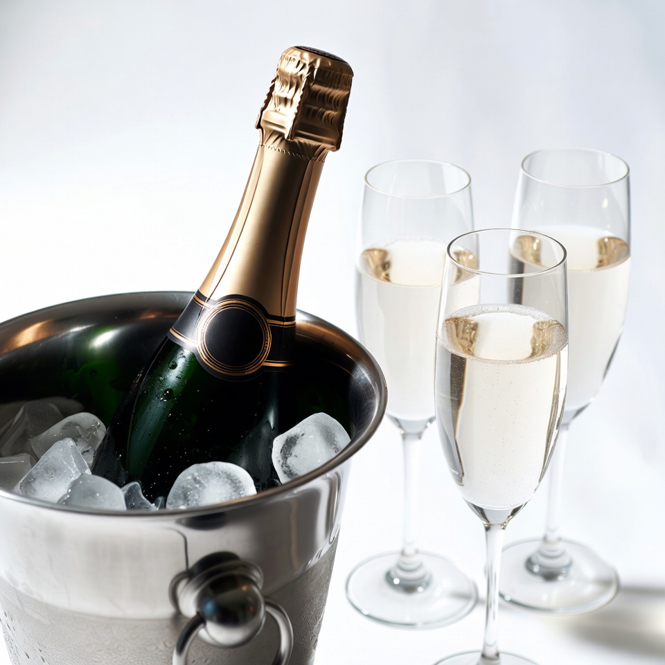 Champagne Bottle in Ice Bucket with Glasses Champagne Bottle in Ice Bucket with Glasses
