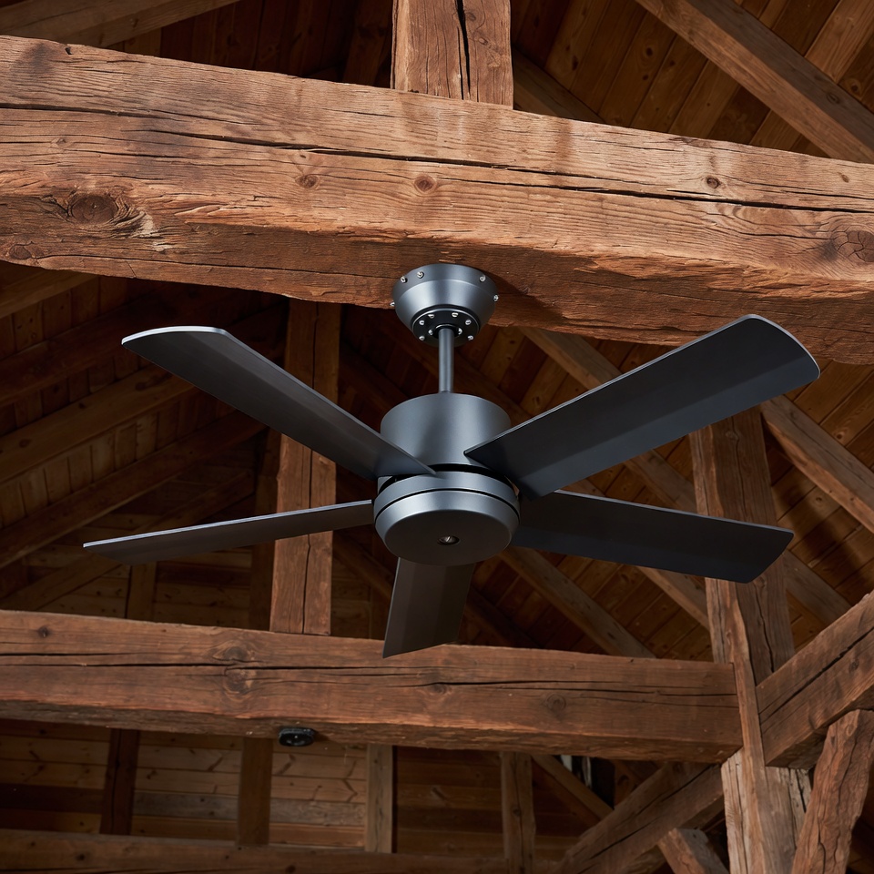 Black Ceiling Fan in Wooden Beam Ceiling Black Ceiling Fan in Wooden Beam Ceiling
