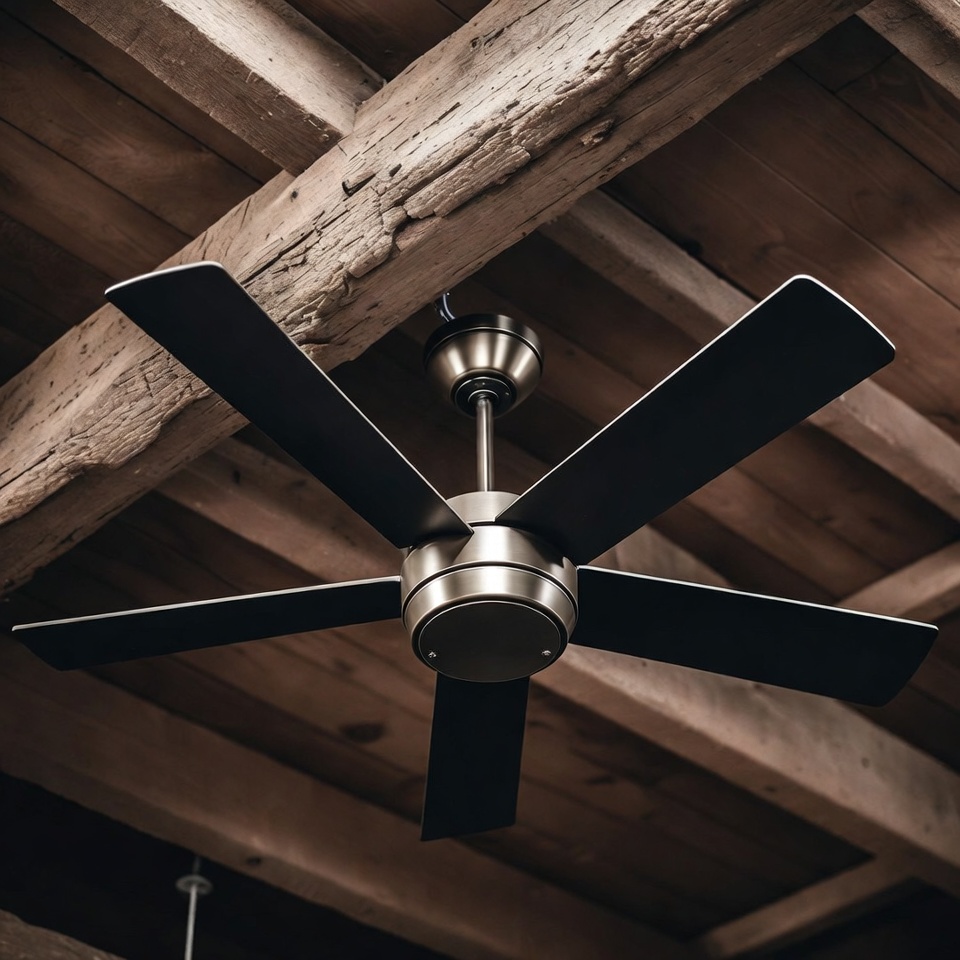 Black Ceiling Fan on Wooden Beams Black Ceiling Fan on Wooden Beams