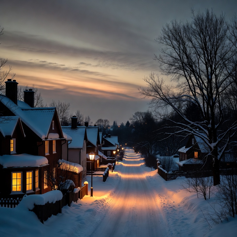 Snowy Street Lined with Houses at Dusk Snowy Street Lined with Houses at Dusk