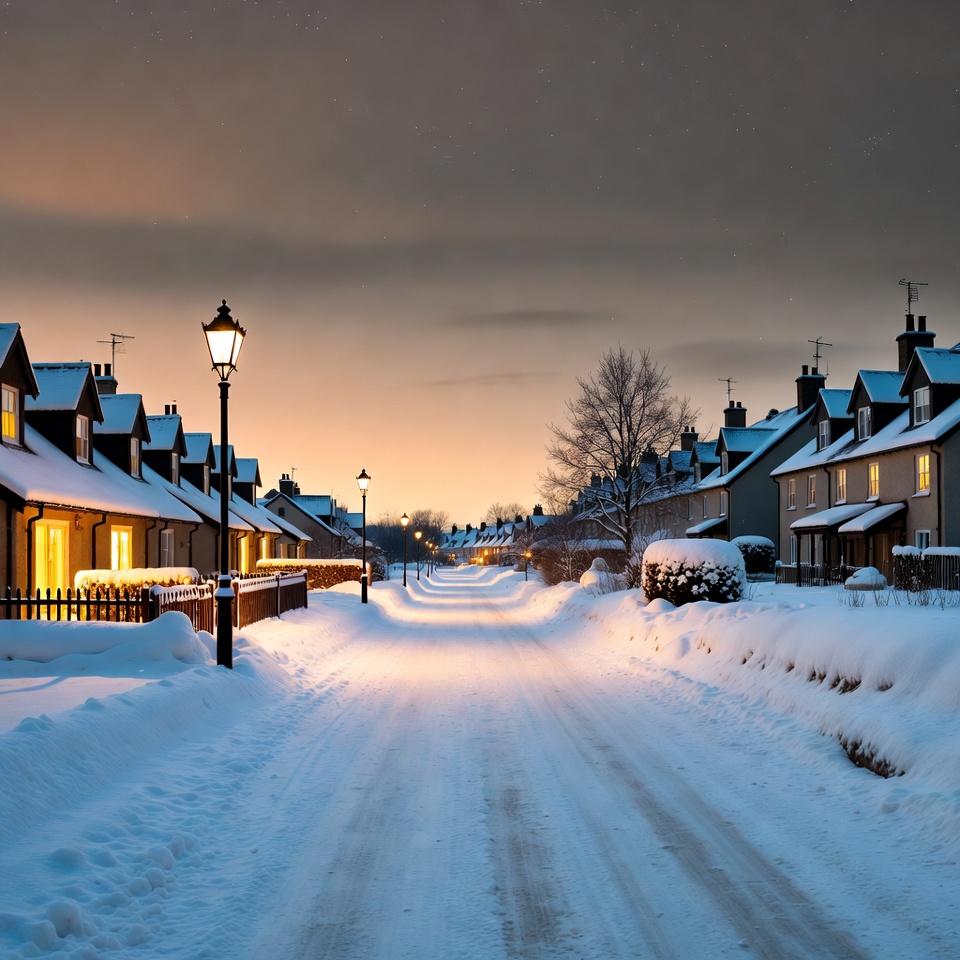 Snowy Street Lined with Houses at Dusk Snowy Street Lined with Houses at Dusk