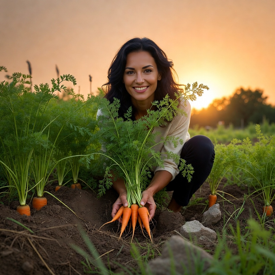 Woman harvesting carrots in field Woman harvesting carrots in field