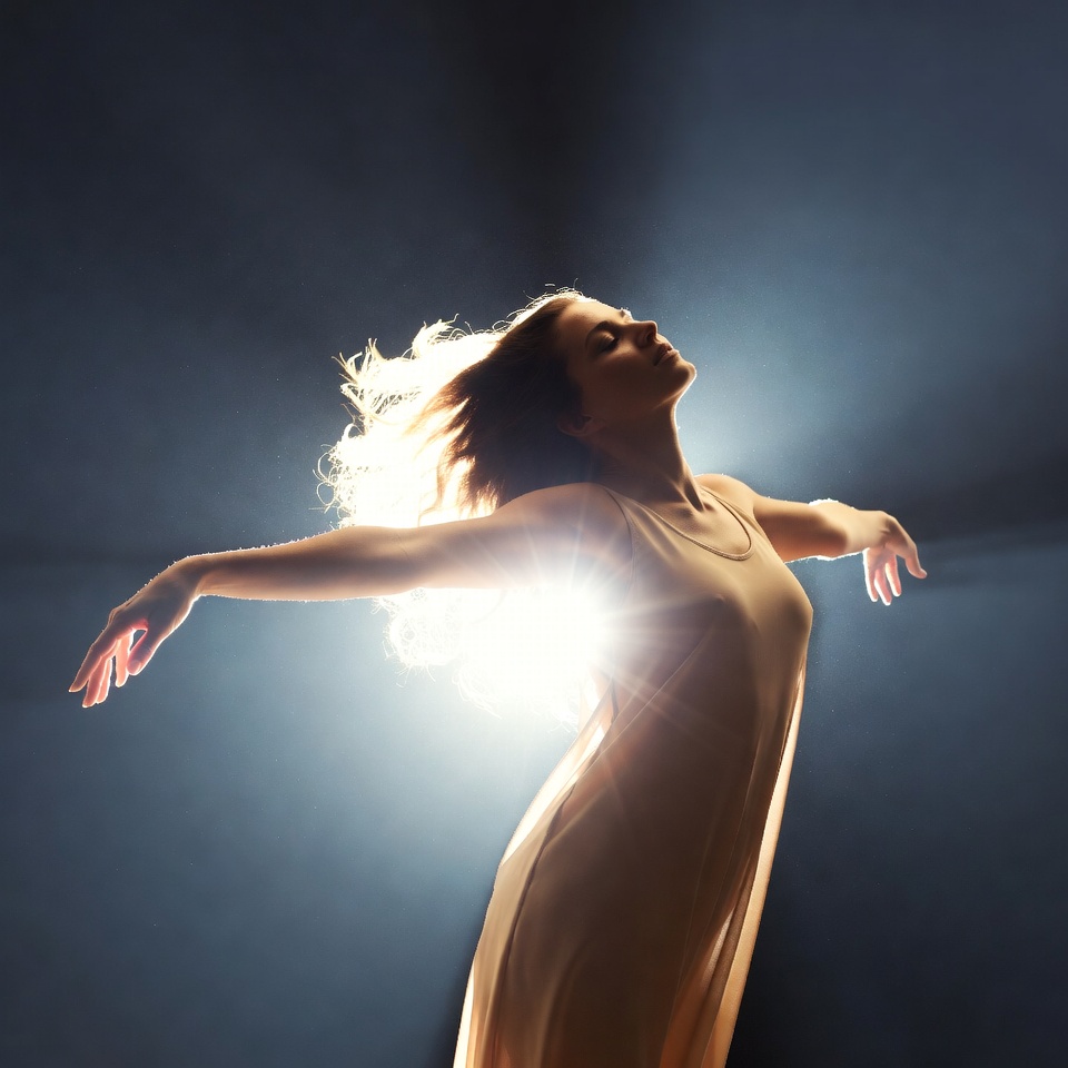 Woman with arms outstretched in dramatic light Woman with arms outstretched in dramatic light
