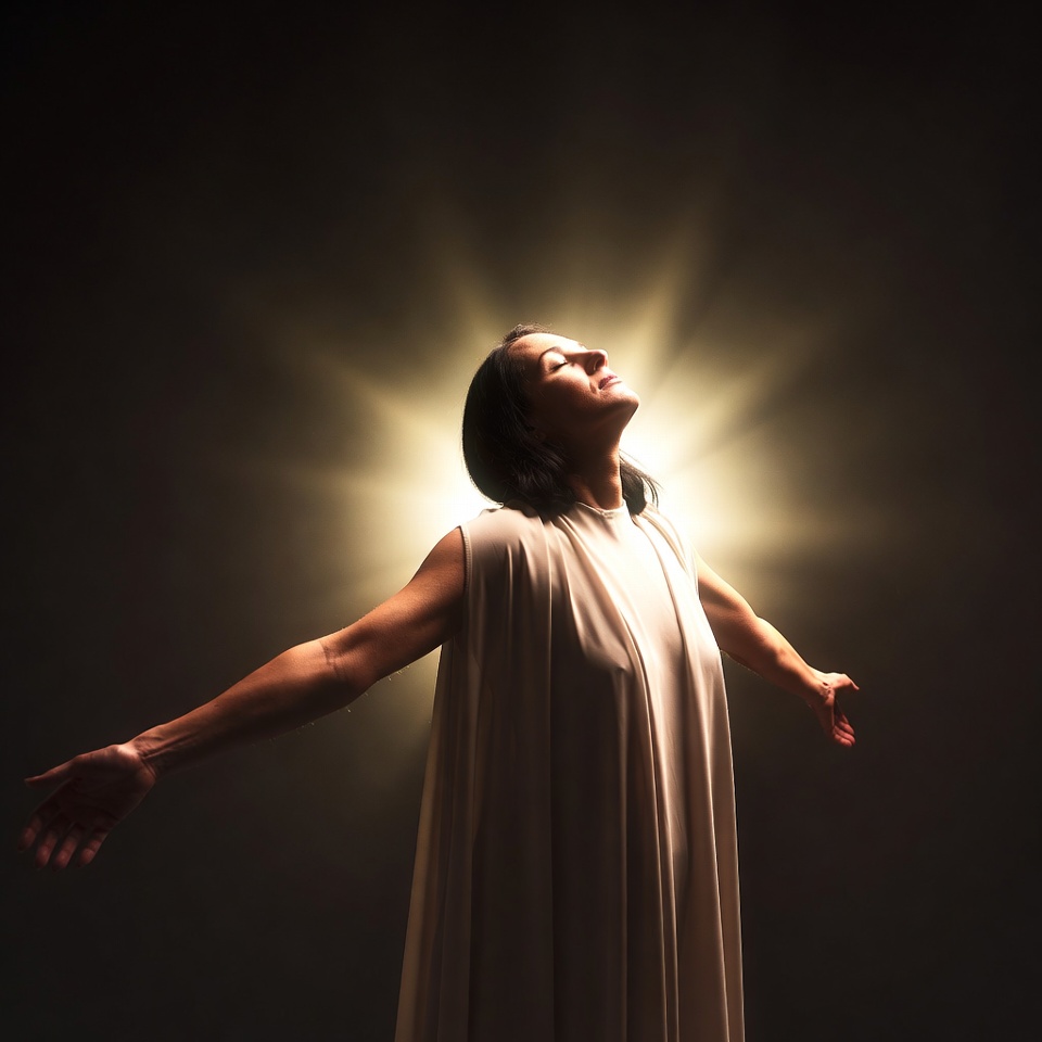 Woman with arms raised in radiant light Woman with arms raised in radiant light