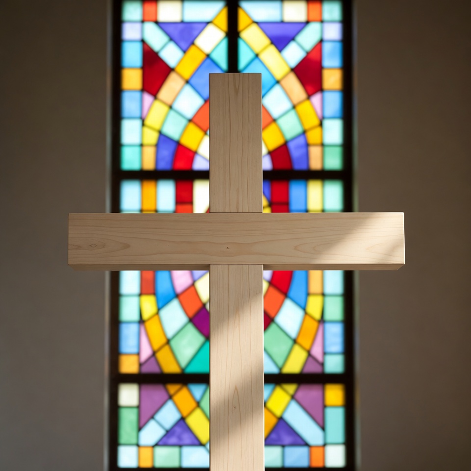 Wooden Cross Before Stained Glass Window Wooden Cross Before Stained Glass Window