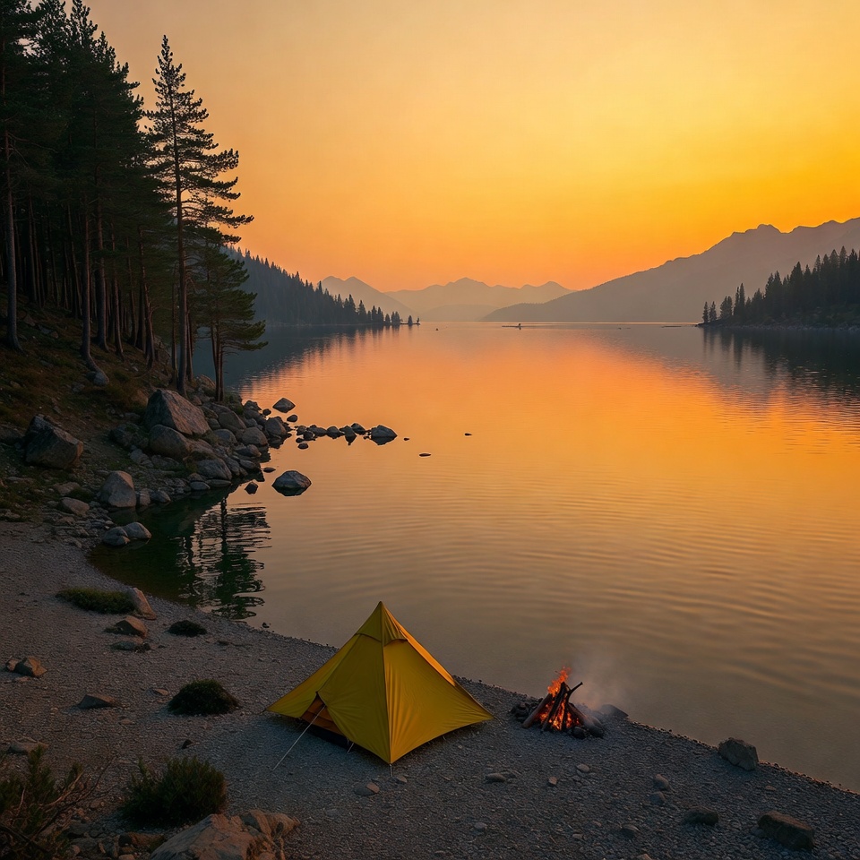 Yellow tent and campfire by sunset lake Yellow tent and campfire by sunset lake