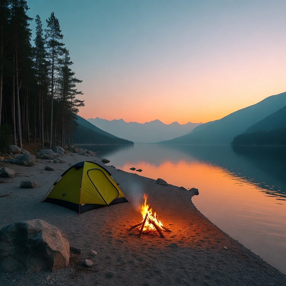 Yellow tent campfire lakeside mountains sunset Yellow tent campfire lakeside mountains sunset