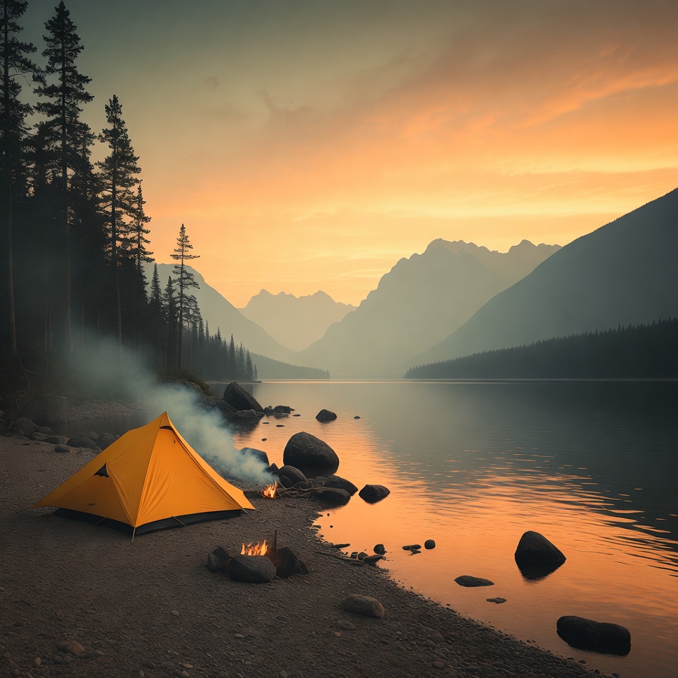 Orange tent by campfire at lakeside sunset Orange tent by campfire at lakeside sunset