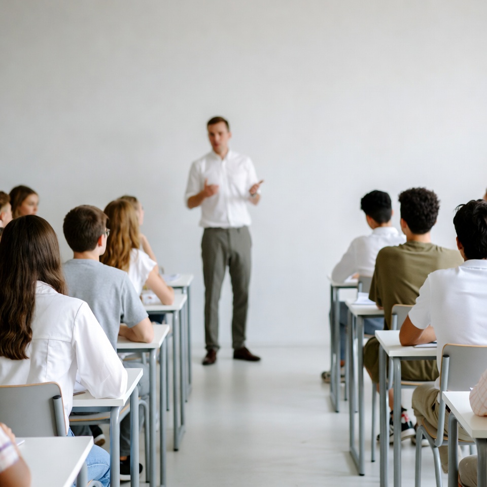 Male teacher lecturing students in classroom Male teacher lecturing students in classroom