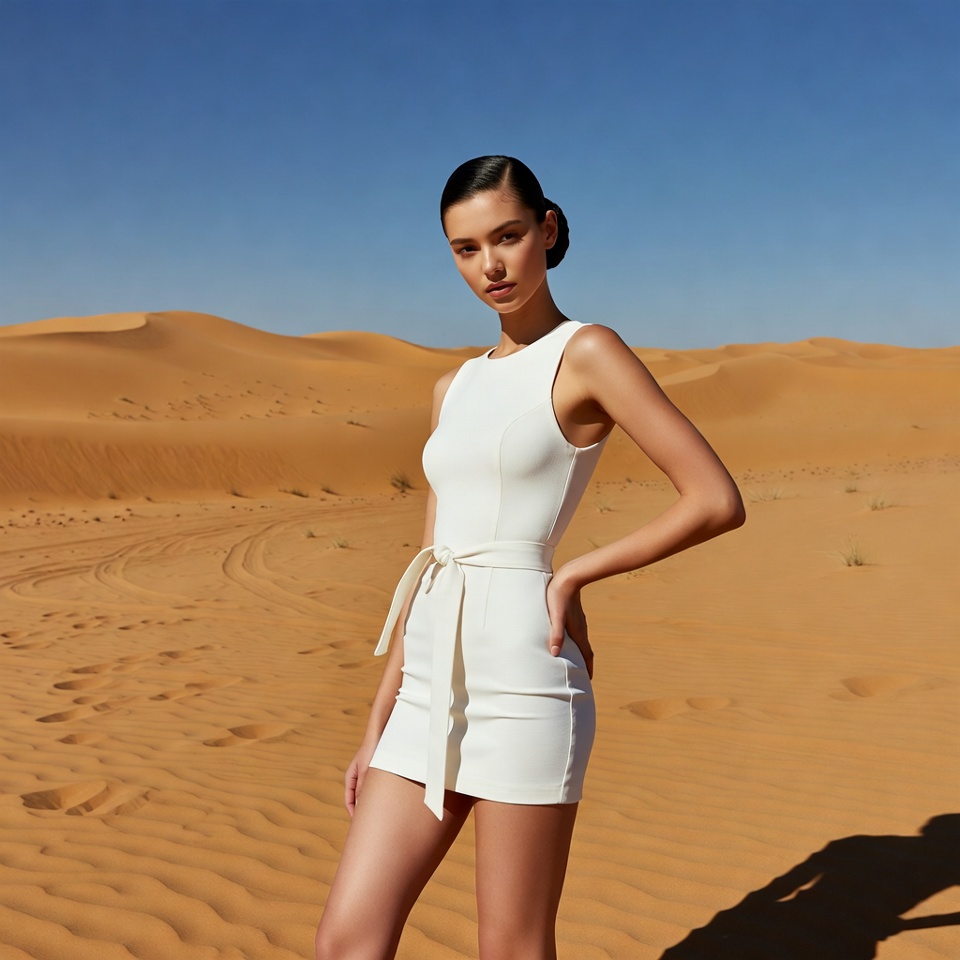 Woman in white dress in desert Woman in white dress in desert