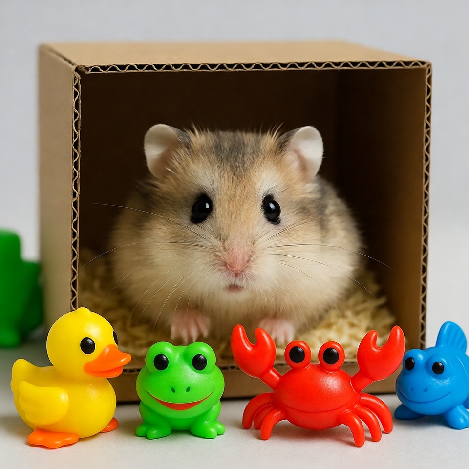 Hamster with bath toys in box Hamster with bath toys in box