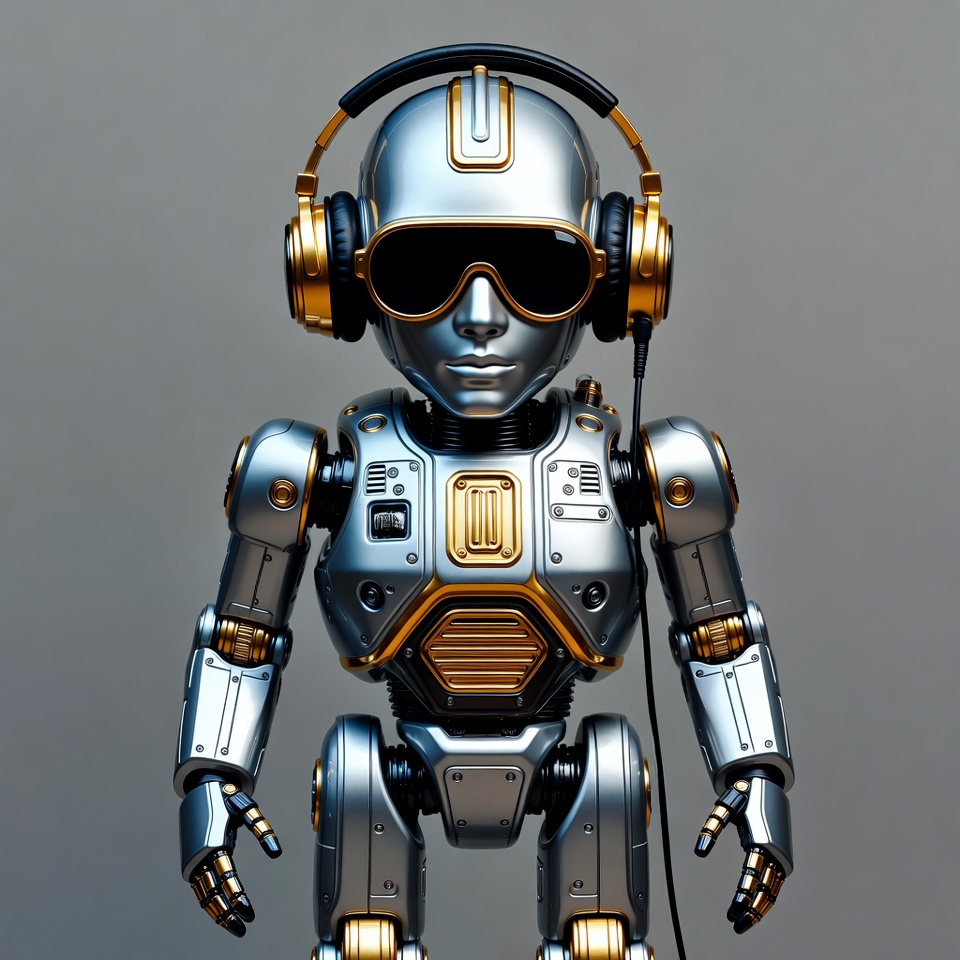 Silver robot wearing gold headphones Silver robot wearing gold headphones