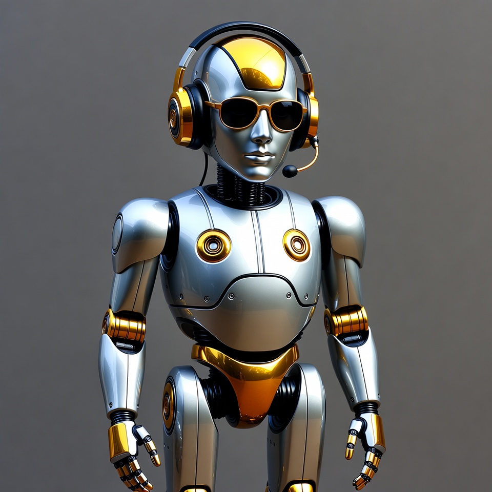 Silver robot wearing gold headphones Silver robot wearing gold headphones
