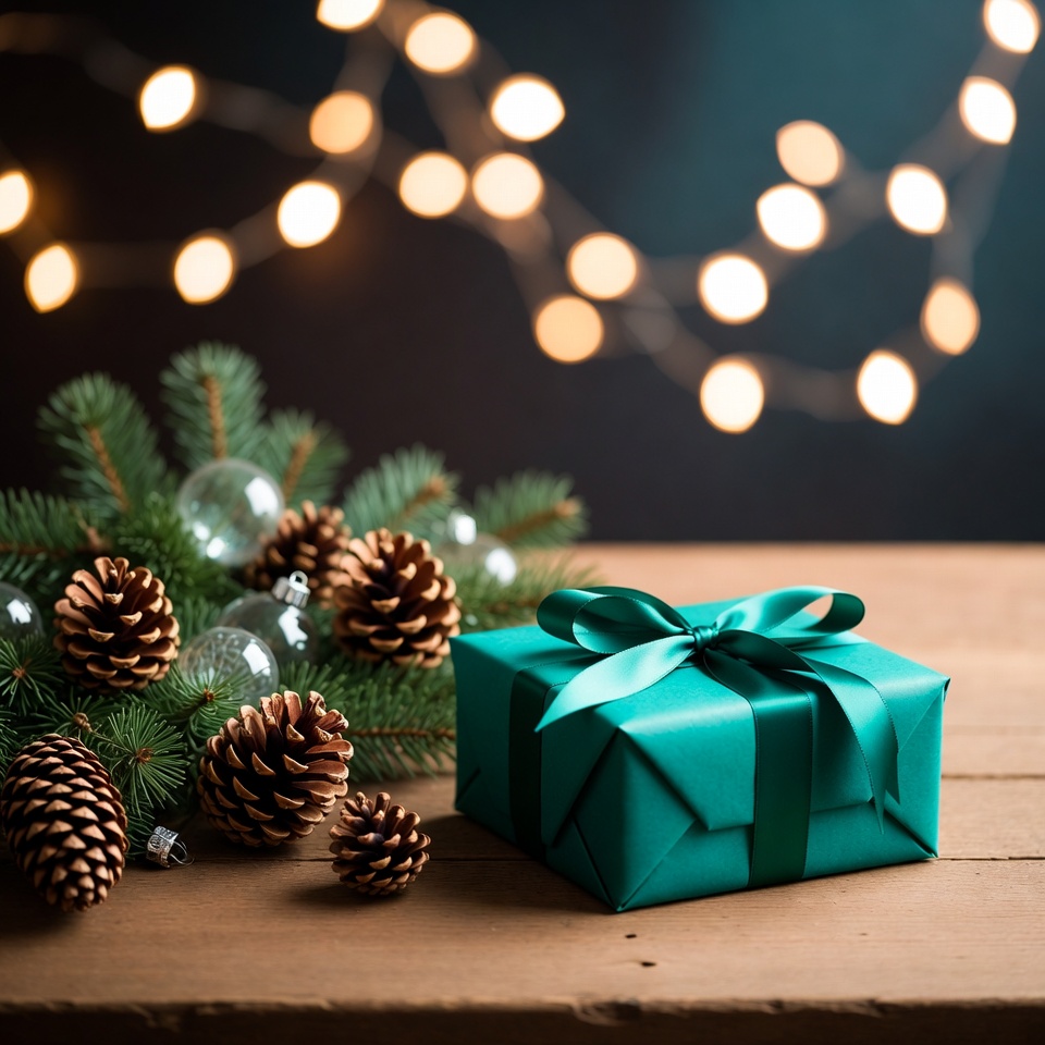 Green Wrapped Christmas Gift with Pine Cones Green Wrapped Christmas Gift with Pine Cones