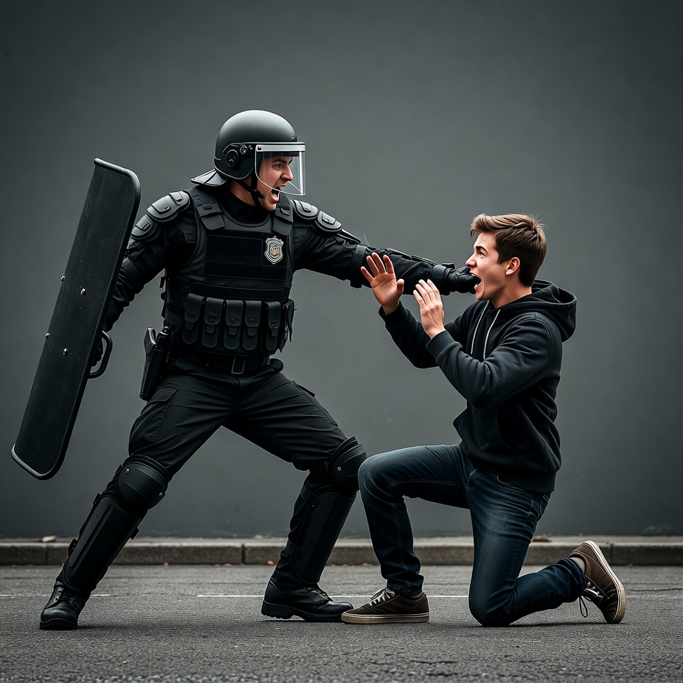 Riot Police Officer Confronting Kneeling Man Riot Police Officer Confronting Kneeling Man
