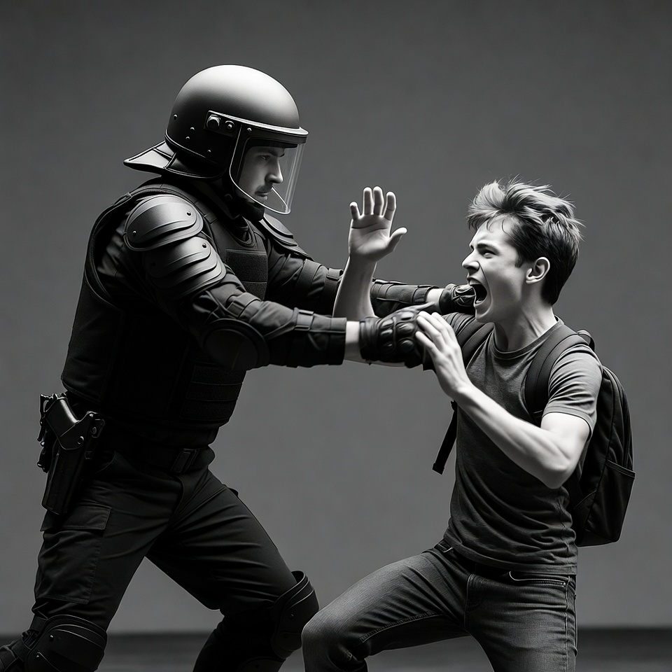 Riot Police Officer Restraining Young Man Riot Police Officer Restraining Young Man