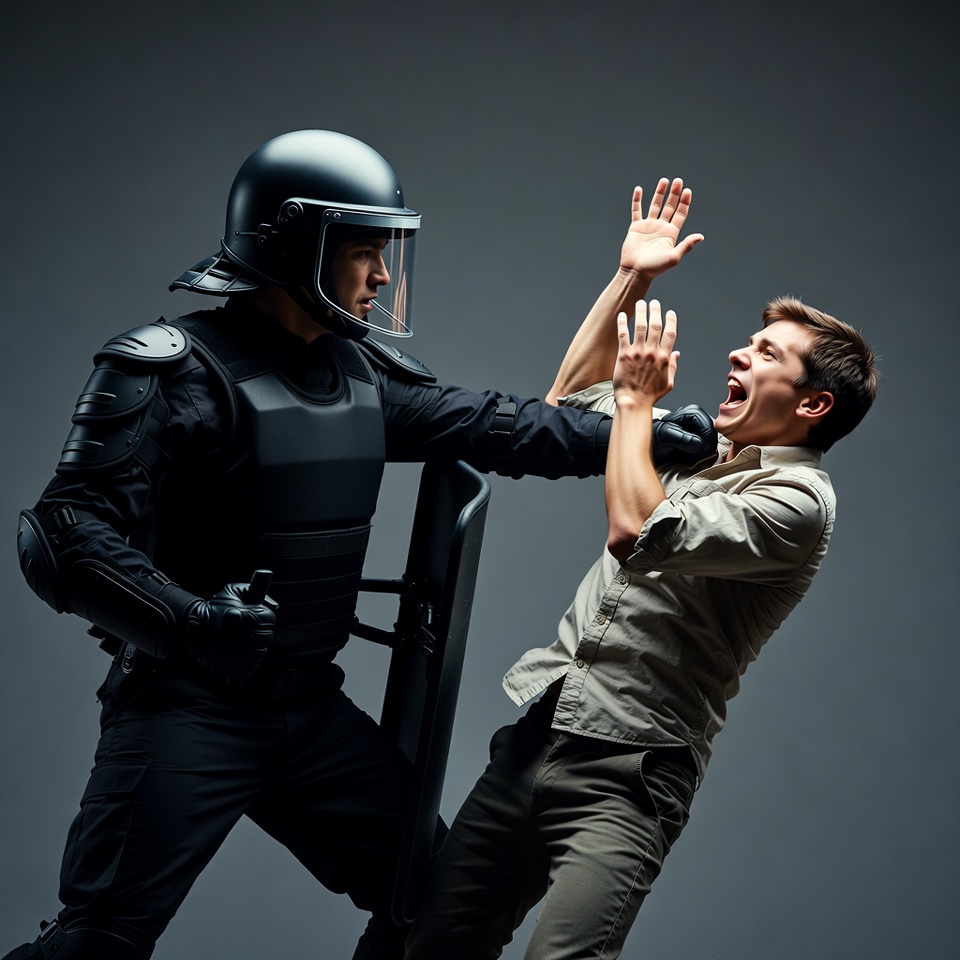 Riot Police Officer Pushing Man with Shield Riot Police Officer Pushing Man with Shield