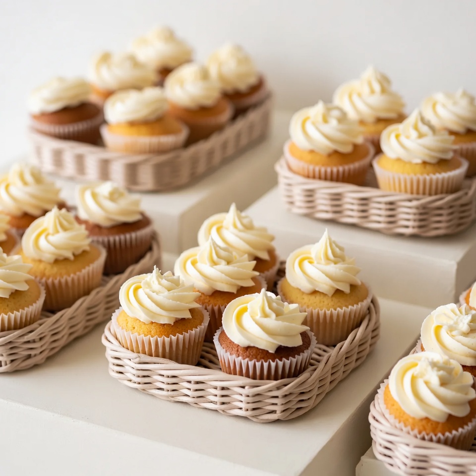Cupcakes with White Frosting in Baskets Cupcakes with White Frosting in Baskets