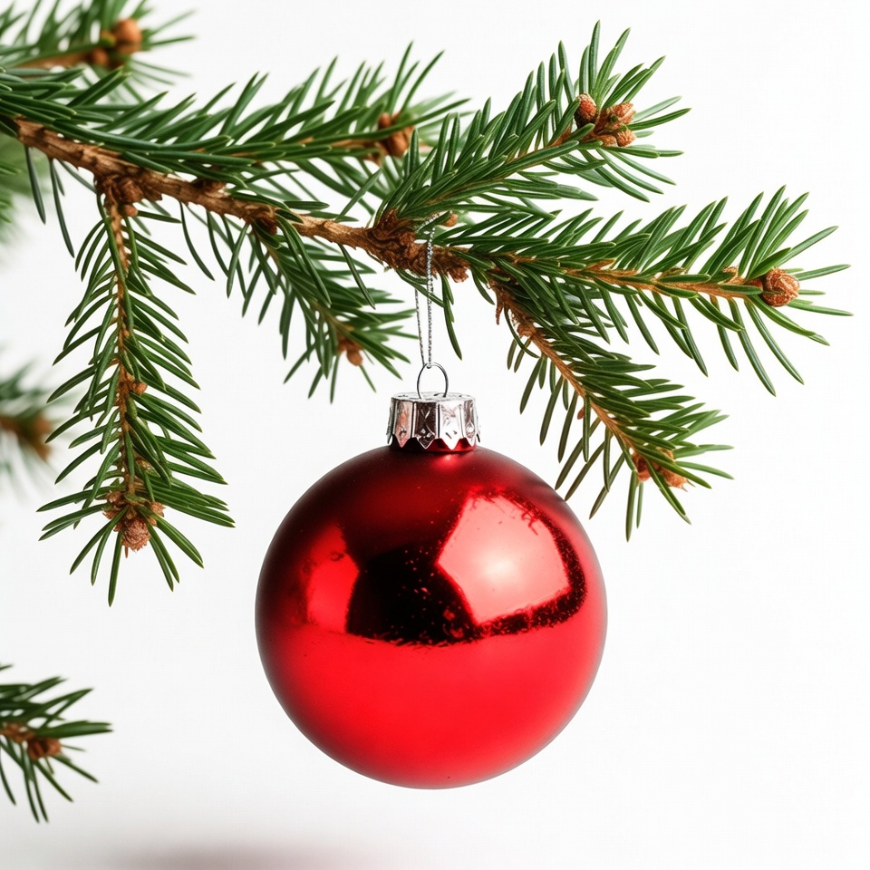 Red Christmas bauble on fir branch Red Christmas bauble on fir branch