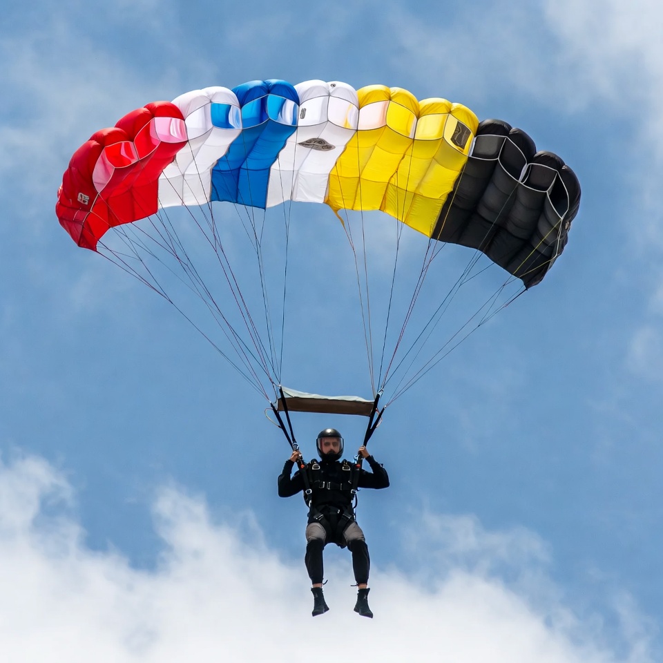 Man skydiving with colorful parachute Man skydiving with colorful parachute