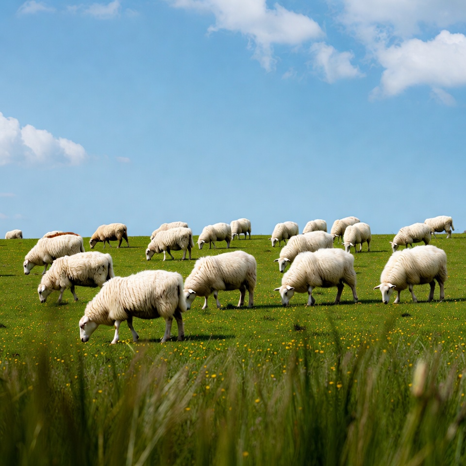 Herd of sheep grazing on green hill Herd of sheep grazing on green hill