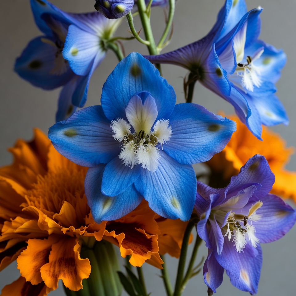 Blue Delphinium and Orange Marigold Flowers Blue Delphinium and Orange Marigold Flowers