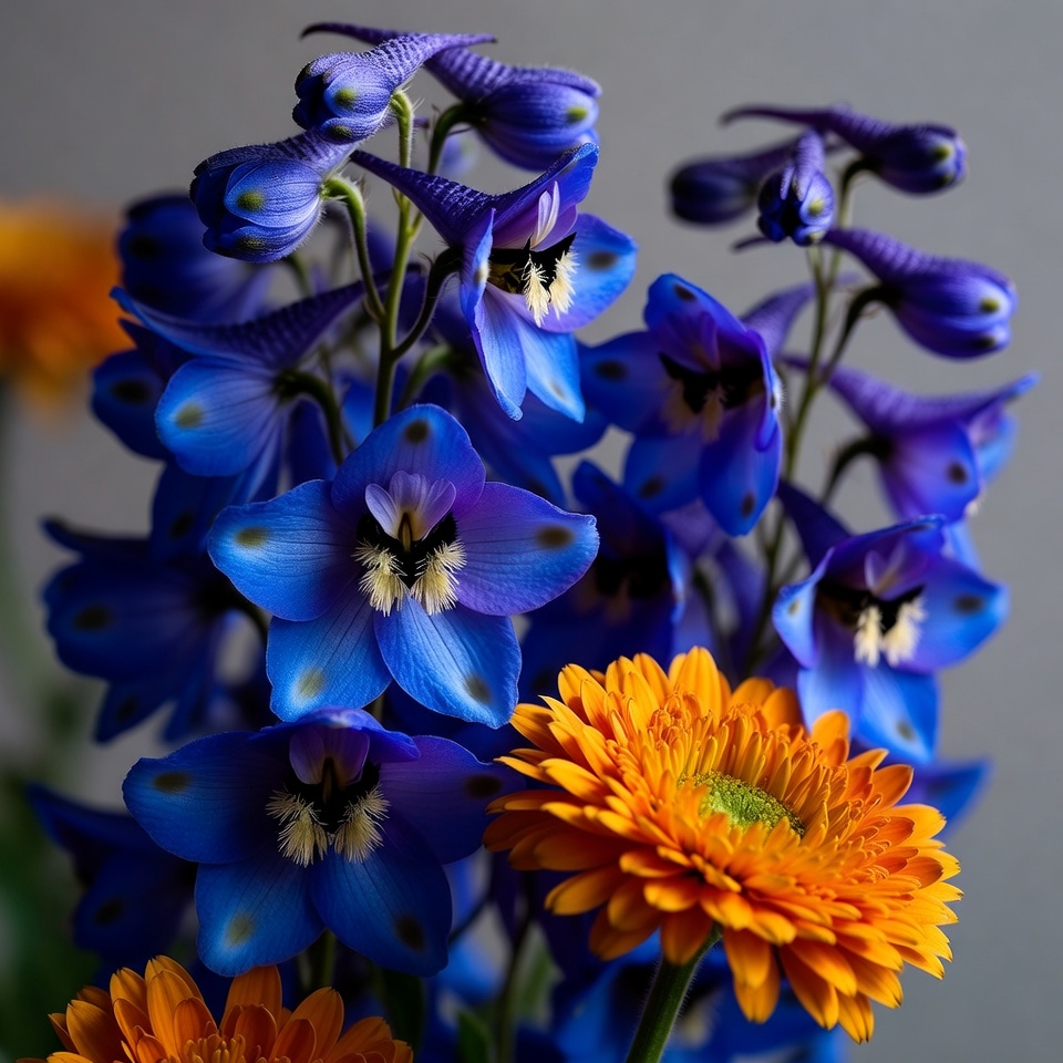 Blue Delphinium and Orange Daisies Bouquet Blue Delphinium and Orange Daisies Bouquet