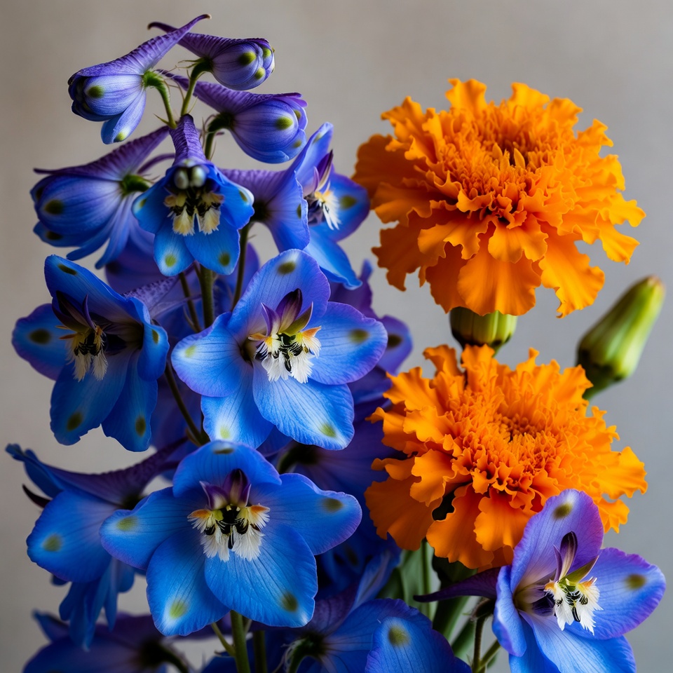 Blue Delphinium and Orange Marigold Flowers Blue Delphinium and Orange Marigold Flowers