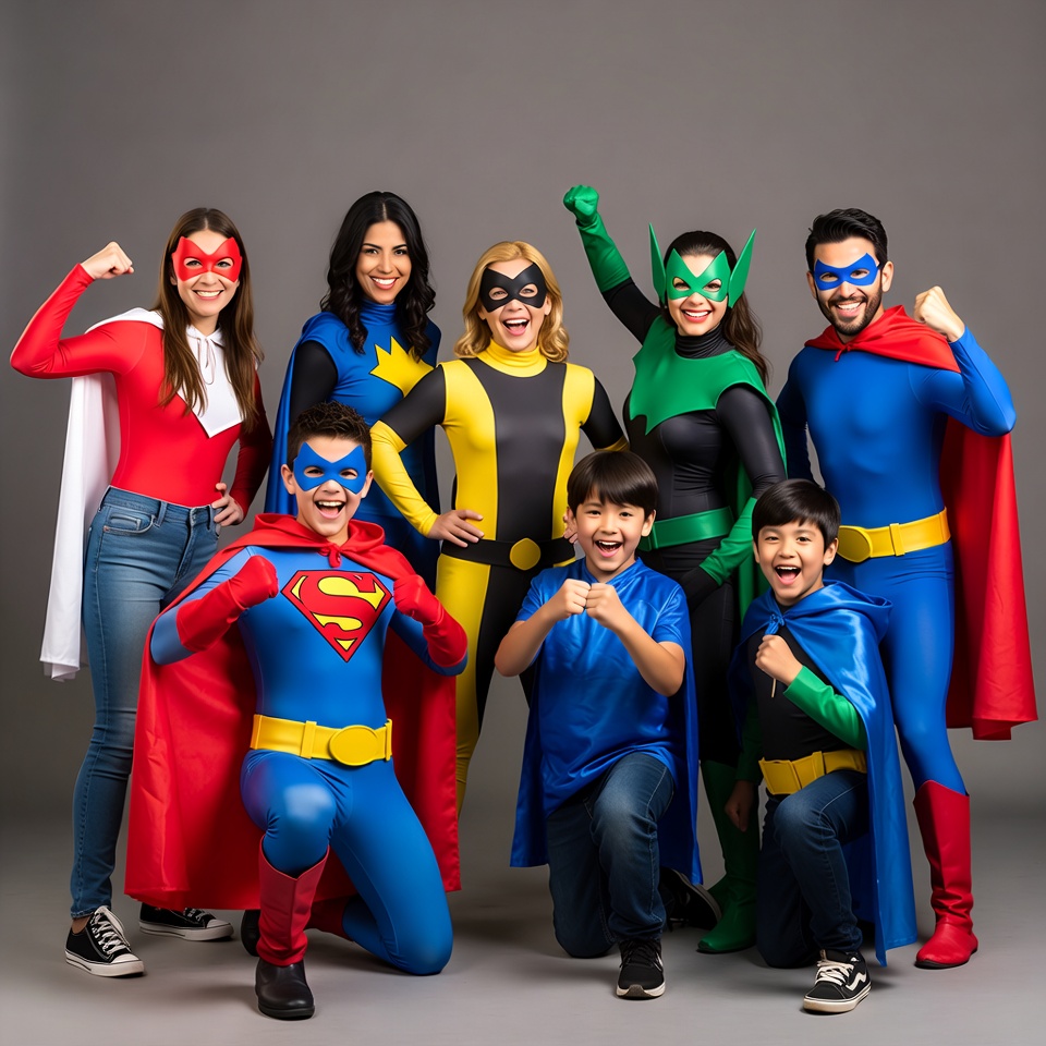 Family in superhero costumes posing together Family in superhero costumes posing together