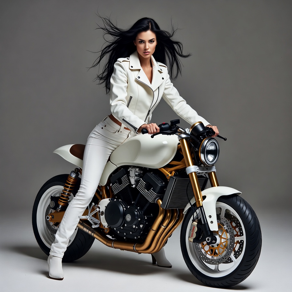 Woman riding white motorcycle Woman riding white motorcycle
