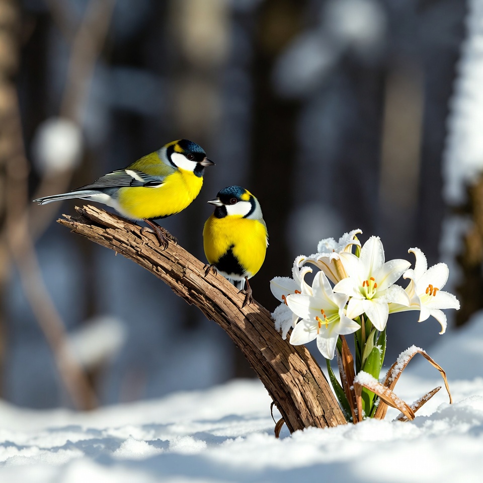 Two great tits on snowy branch with lily Two great tits on snowy branch with lily