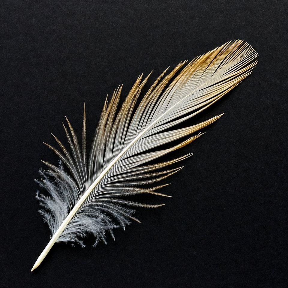 White and golden feather on black background White and golden feather on black background