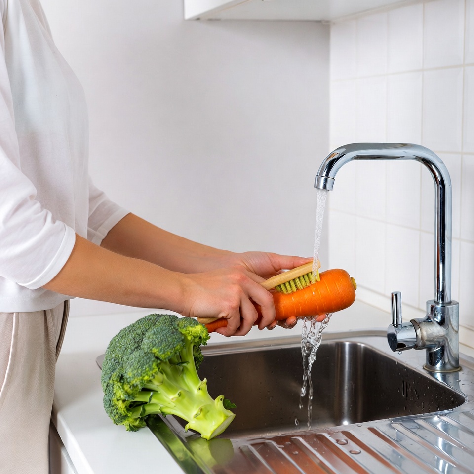 Woman washing broccoli and carrot Woman washing broccoli and carrot