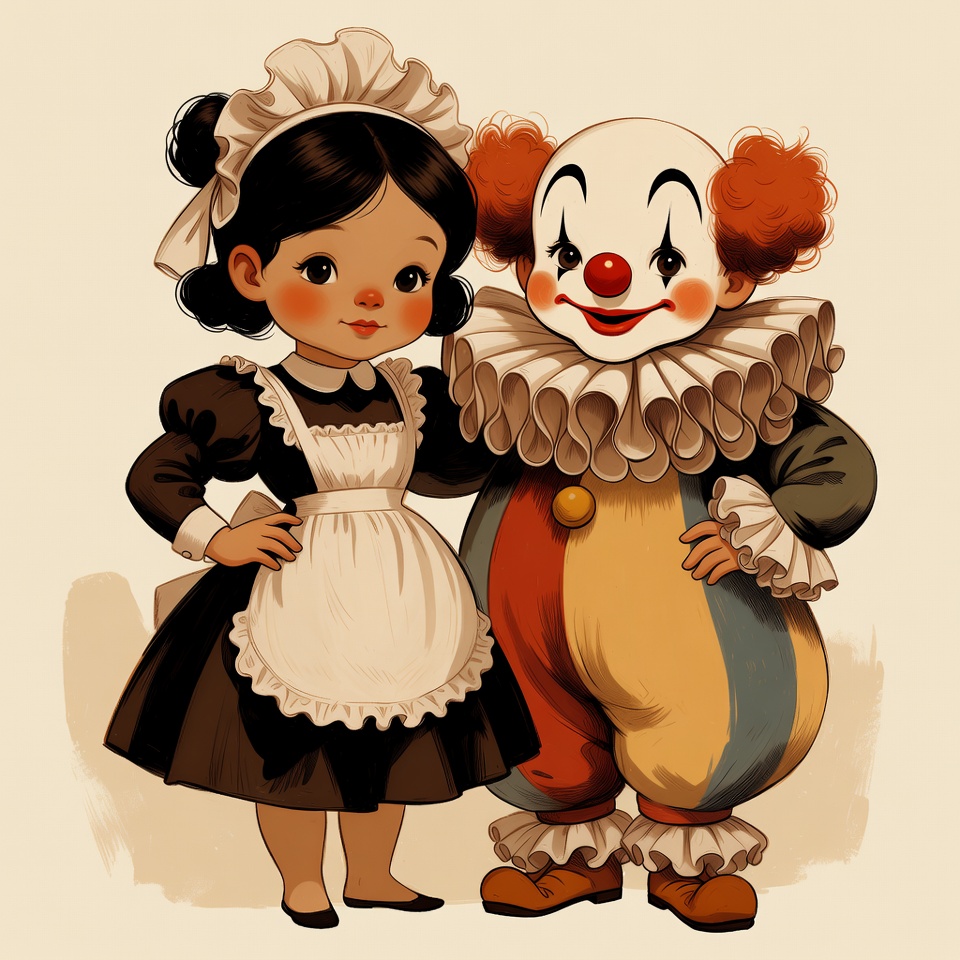 Maid Girl and Clown Illustration Maid Girl and Clown Illustration