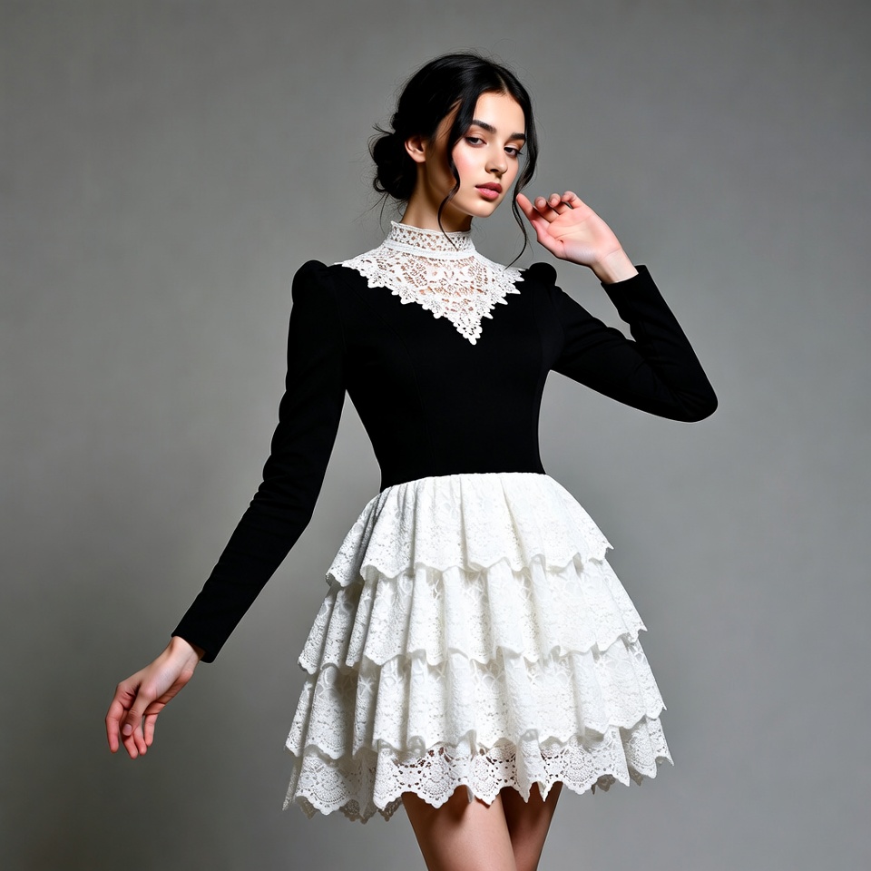 Woman in black lace dress posing Woman in black lace dress posing